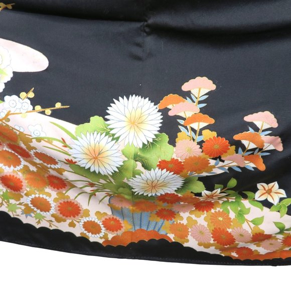 Japanese Kimono Silk Houmongi Vintage Black Multi Floral Copper Metallic 62 inch - Picture 7 of 16